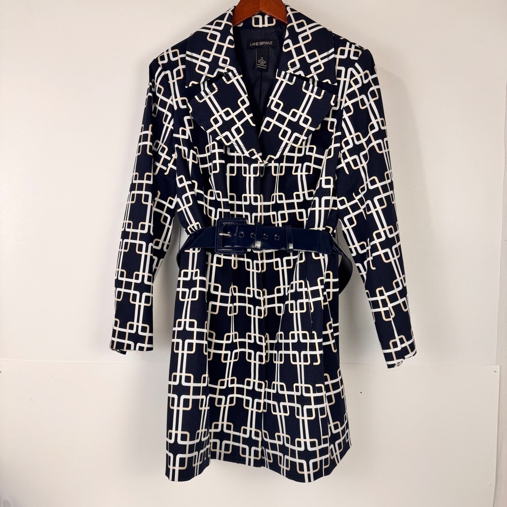 Lane Bryant Trench Coat Women 16 Blue Long Sleeve Geometric Modern 118641